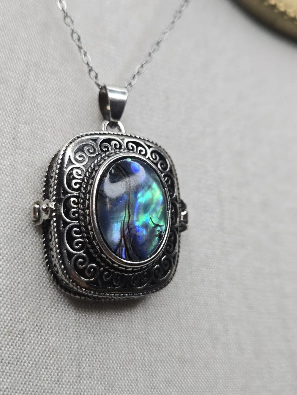 Sterling-Style Silver Locket Necklace with Iridescent Blue Stone